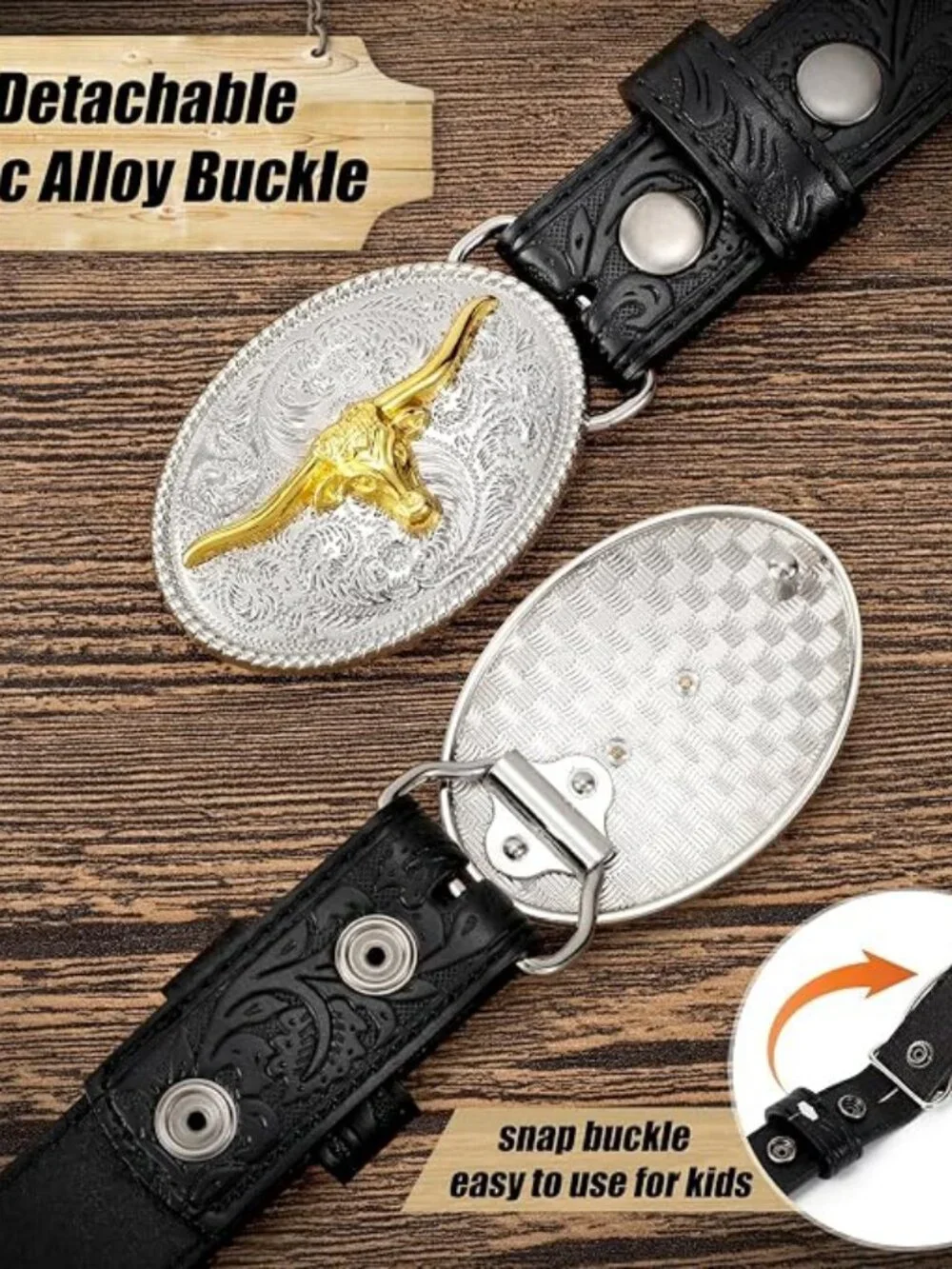 Kids Western Belt Leather with Bull Horse Buckle for Boys Cowboy Outfits - D